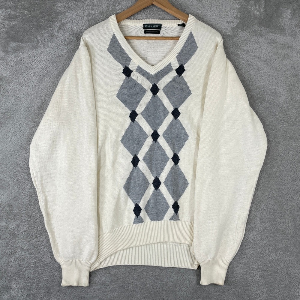 Lyle & Scott Sweater Mens Large White Argyle V Neck Cotton‎ Knit Preppy Retro